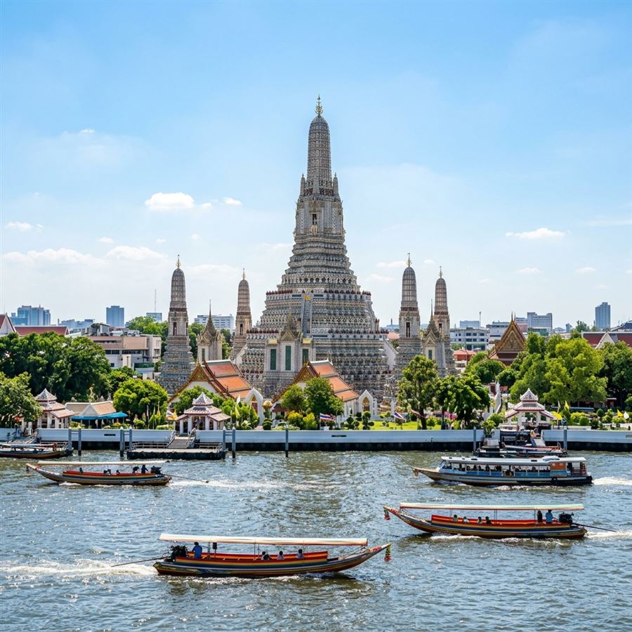 Wat Arun beside the Chao Phraya River in Bangkok